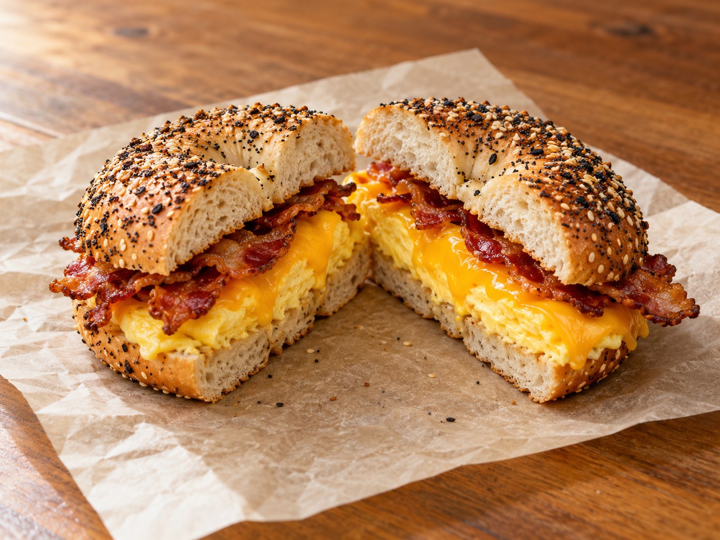 Illustrative bacon, egg and cheese bagel sandwich