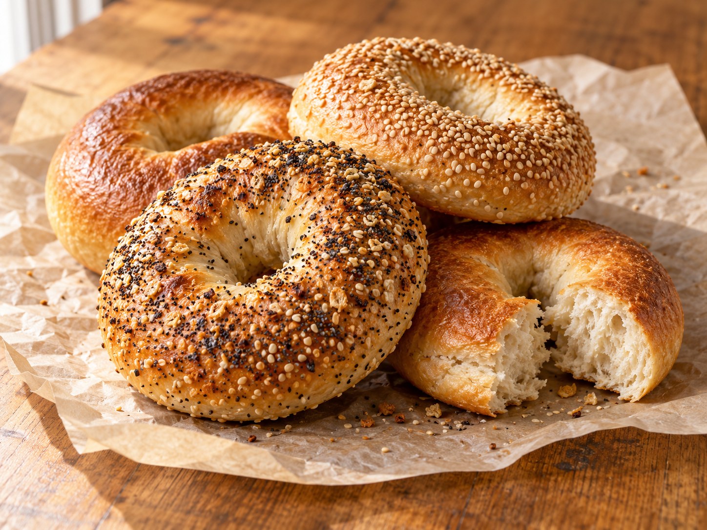 Illustrative photograph of golden New York bagels