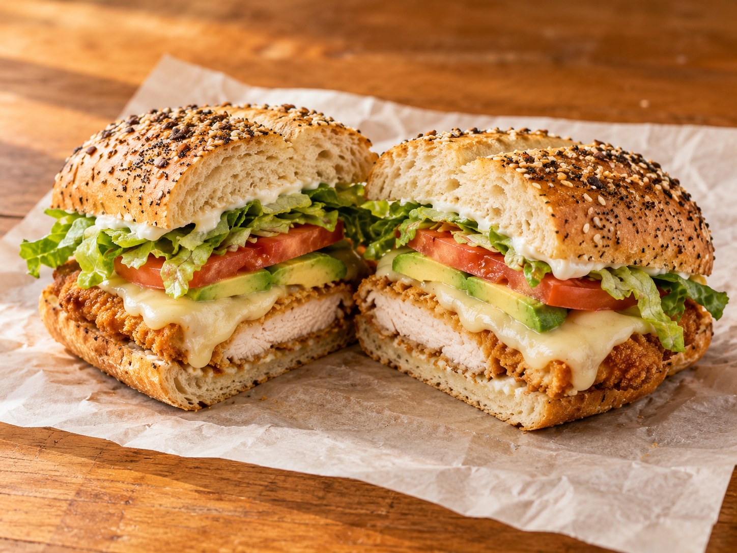 Illustrative chicken cutlet sandwich with avocado
