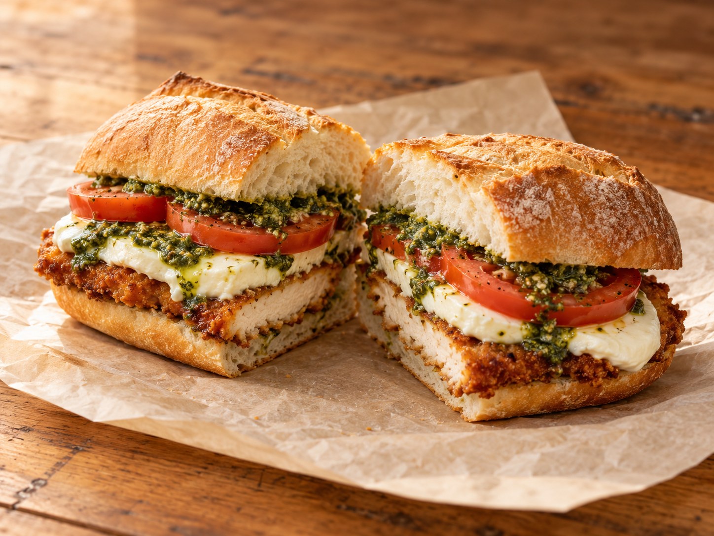 Illustrative chicken cutlet sandwich with mozzarella, tomato and pesto